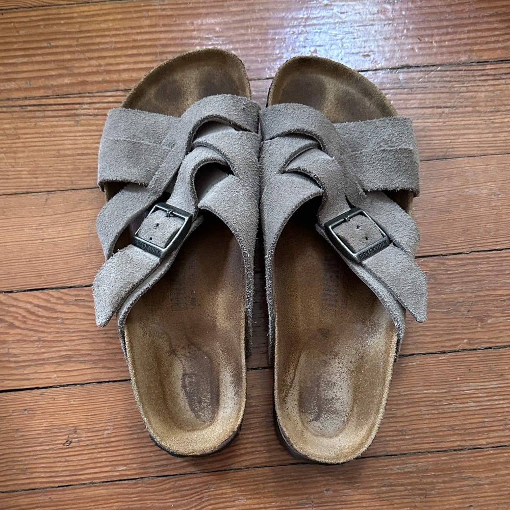 Birkenstock Lugano Suede Sandals — color Stone Coin (aka gray). Soft footbed